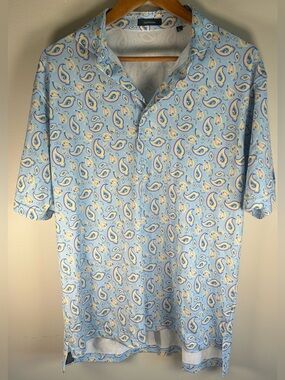Turtleson Men’s Golf Polo Shirt Sz L Blue Paisley AOP Preppy Stretch Performance